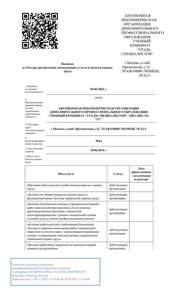 Выписка из реестра организаций ОТ №9644